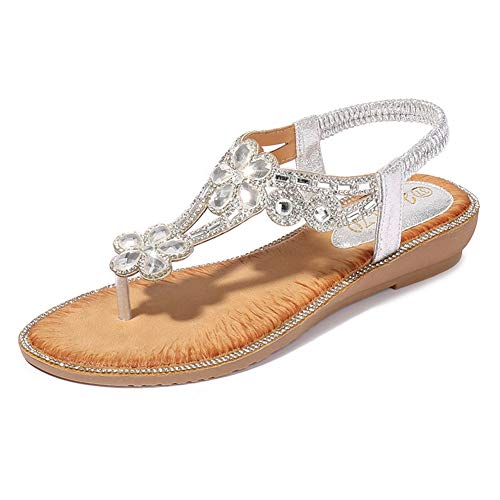 WESIDOM Women Flat Sandals,Rhinestone T-strap Elastic Strap Rubber Sole Shoes for Summer