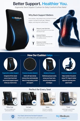 Image of Lumbar Support Cushion for Office Chair & Car Seat | Memory Foam Back Support Pillow for Lower Back Pain Relief, Posture Correction, Spine Support & Long Sitting Comfort | Black