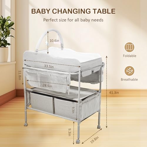 Image of Baby Changing Table,Versatile Folding Changing Table,Waterproof /Foldable /Height Adjustable /Movable /with Silent Wheels /2 Drawers Diaper Changing Station,Mobile Nursery Organizer for Newborn Essentials