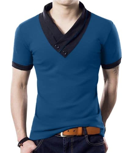 YTD Mens Cotton Casual V-Neck Button Slim Muscle Tops Tee Short Sleeve T-Shirts Medium Blue