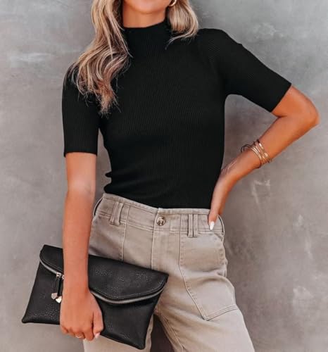 Image of Lacozy Women Casual Short Sleeve Shirt Basic Mock Neck Top Slim Fit Ribbed Knit Pullover Sweater