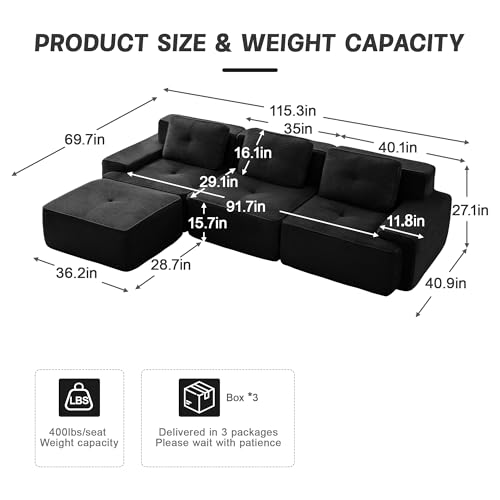 Image of 117 inch L-Shaped 3-Seater Modular Boneless Couch with Ottoman, Soft Corduroy Cloud sectional Sofa, Deep Seat Ergonomic Design, No Assembly Anti-Slip Sofa for Living Room, Black