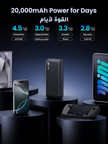 باور بانك 20000 مللي امبير في الساعة من يوجرين، شاحن محمول 22.5 واط مع شحن سريع بي دي 3.0 ومدخل ومخرج USB C مع شاشة رقمية، يتضمن كابل لسلسلة ايفون 16، جالكسي S25U/S25/S24، ايباد، ايربودز