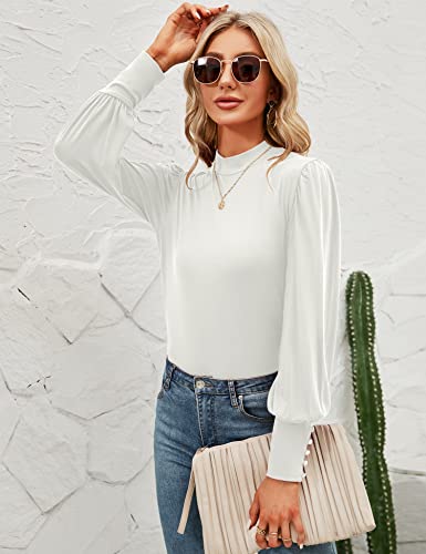 Qirno Ladies Long Sleeve Blouses Mock Neck Puff Sleeve Business Casual Tops Turtleneck Shirts Button Cuffs Tunic Tops Blouse White Large #TOP4