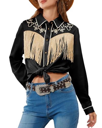 JOHN MOON Women's Fringe Western Button Down Shirts with Studs Floral Embroidered Cowgirl Tops Country Style Snap Blouses3