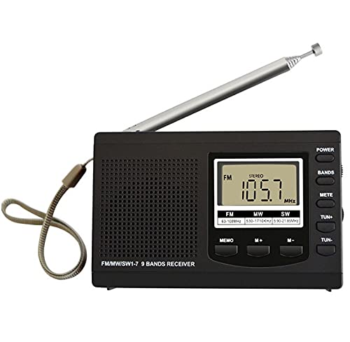 FM/MW/SW Récepteur Radio Portable avec Prise bruyante et Jack Casque, Radio 12 / 24h Time Display 9 Band Numérique Radio, rétroéclairage, Alarme ascendante, Noir