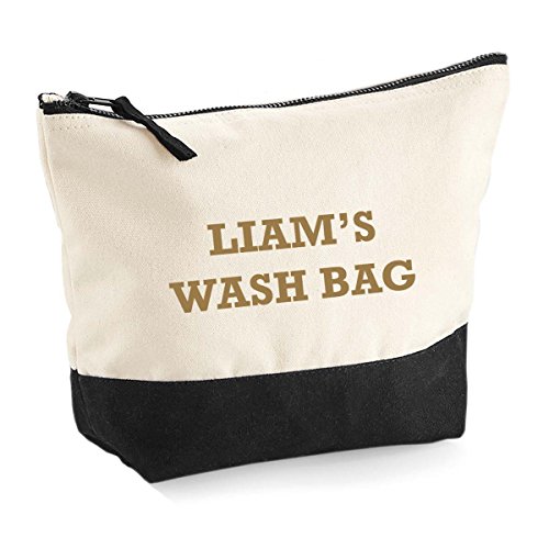 Personalised Zipped Wash, Shave & Bathroom Accessory Bag Custom Printed With Your Choice of Any Name (Medium, Natural/Black)