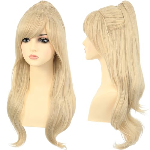 morvally Long Blonde Ponytail Wig with Bangs Natural Looking Synthetic Hair Wigs for Women Costume Cosplay Halloween Party
