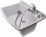 ADGO Lavabo de Cámara Profunda Fregadero de Cocina para Hogar con Batería, Grifo y Recipiente Dispensador de Jabón, para el Jardín de la Casa, Garaje, Sótano, Baños, Taller, Fábrica Industrial, Blanco