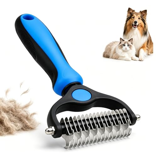 Pettine e rastrello per sottopelo per cani e gatti, spazzola per rimuovere nodi e peli aggrovigliati per cani di taglia piccola, media e grande 17+9, rimuove nodi e peli aggrovigliati (blu)