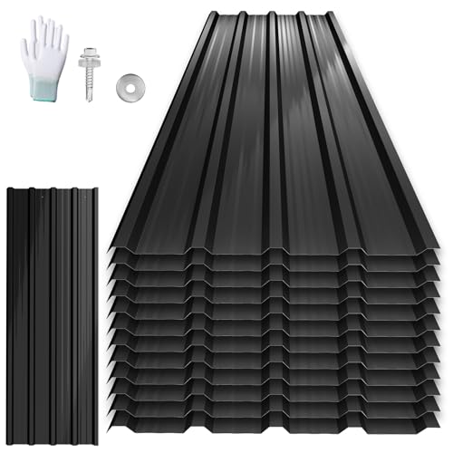 UISEBRT 12 Stück Wellplatten Dachplatten Verzinkter Stahl 129,5x45 cm, Trapezblech Profilblech 7 m² Verzinkt, Wetterfeste Dachbleche für Garage Gartenhaus, Schwarz mit Struktur