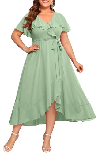 Pinup Fashion Plus Size Wedding Guest Dress Sage Green Women 2026 Bridesmaid Easter Chiffon Mint Long Flowy Dresses 16W