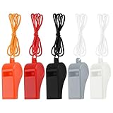 5 Pcs Loud Plastic Emergency Whistle with Lanyard for Outdoor Activities, Coach Trainning Whistles Party Whistles for Sports and Parties Gift Boxes Fillers (Red Grey White Black and Orange)