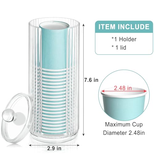 KIMCHOMERSE Bathroom Cup Dispenser, Mouthwash Cup Holder for 3oz Disposable Paper Cups, Cotton Round Pad Holder with Lid for Vanity Makeup Organizer - Clear Acrylic Bathroom Canister