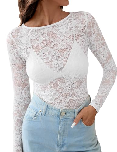 KTILG Mesh Top Women Sexy Sheer Shirts Y2k See Through Tops Fitted Party Fishnet Top Western Outfit White Big Rose L