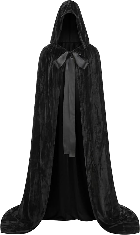 RRCBMD Adults Velvet Hooded Cape for Men Women Medieval Renaissance Unisex Cloak with Hood Striped Black Halloween Cosplay Costume 66.9inch