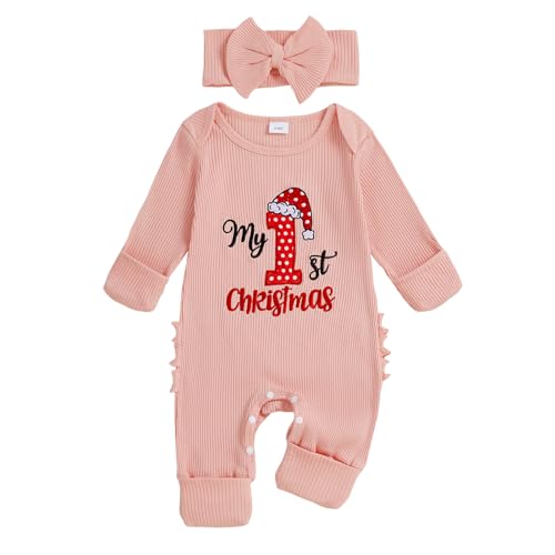 Dcohmch My First Christmas Baby Girl Outfit Fashionable Jumpsuit Embroidery Long Sleeve Romper + Headband Newborn Clothes
