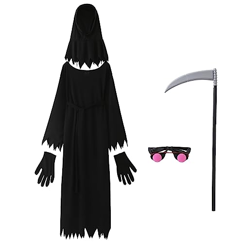 Genérico Disfraz de Cosplay para niños, túnica de Ojos Rojos Brillantes, Capa Negra, Disfraces de Miedo para niños para Halloween (Black, 12-13 Years)