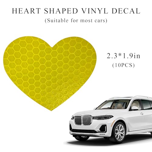 Image of 10PCS Vinyl Decal for Cars, High Intensity Reflective Sticker Night Safety Sign Bumper Decals, Waterproof Grid Vinyl Stickers Scratch Cover for Auto Window Laptop (Heart, Yellow)