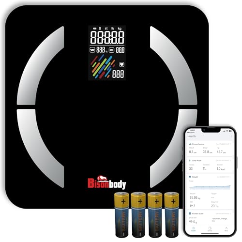 Bisonbody Smart Digital Bathroom Body Scale | Large Display Accurate Result | 22 Metrics including Cardiac Index, Heart Rate, Body Fat, Lean Body Mass | Tempered Glass, App Support Bluetooth