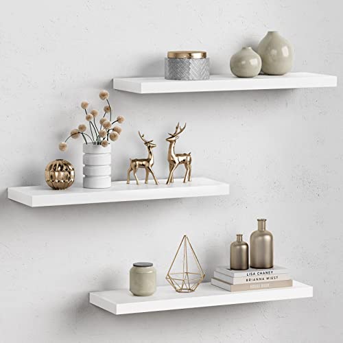 Forbena White Floating Shelves for Wall Decor, 24 Inches Long Wall Shelves for Bedroom Storage, Large Deep Wall Mounted Shelves for Bathroom, Laundry Living Room Book, Kitchen, Closet, Set of 3