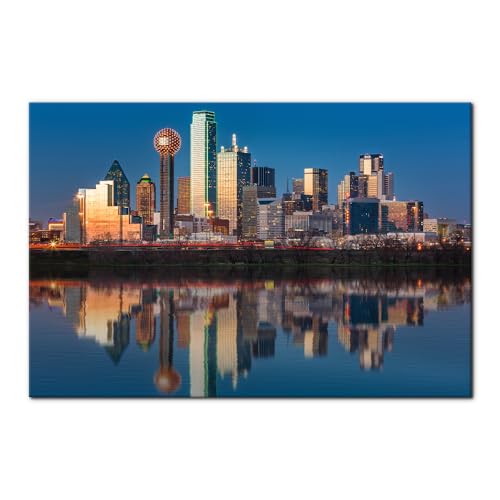 Pacimo Dallas Skyline Canvas Wall Art, Cityscape Night View Painting Prints Pictures Modern Wall Decor for Living Room Bedroom Office Home Decor Stretch and Framed Ready to Hang 24"x36"