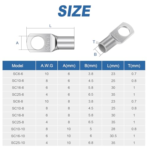 10 Pcs Cable Lugs M8, Hanibos SC25-8 Copper Tube Battery Cable Ends Lugs Battery Terminals Connectors Tinned Copper Crimp Lugs