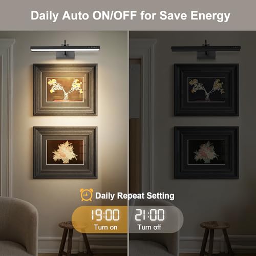 Image of GOVSSING Picture Light, Auto ON /Off Picture Lights for Wall, Hardwired Connection, 16.7 inchMetal Art Light with Remote, Dimmable&3 Color Temps, Rotatable Gallery Light with Indicator, 9W, CRI90+ (Black)