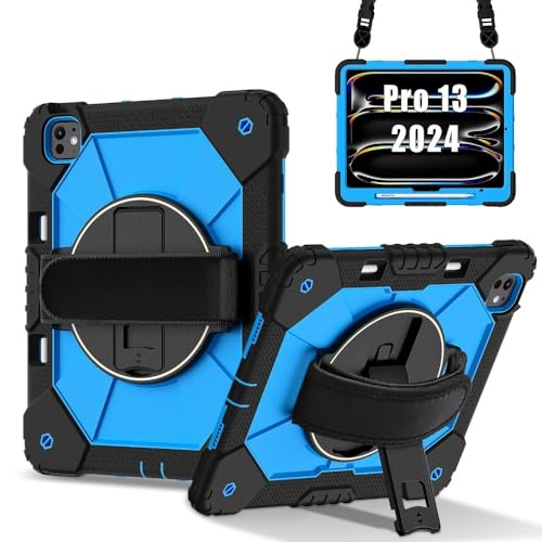 Coque iPad Air 13 M2 antichoc noire et bleue avec support rotatif et sangle de transport