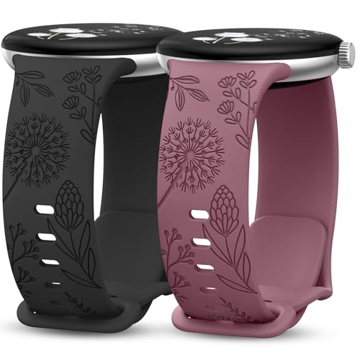 Minyee 花柄刻印バンド 2本パック Google Pixel Watch 4/3 41mm/Pixel Watch 2/1対応 レディース かわいいソフトシリコンフラワー スポーツファンシーストラップ, 5.5 inches, シリコーン, ジェムストーンなしの商品画像（Amazon）