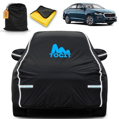 Image of Skodaa Slavia Waterproof Long Life Car Cover with Safety Glow Reflective Strap, Premium Velvet Velour Fabric, Soft & Stretchable, Machine Washable, Tri-Stitch Custom Fit with Mirror Pocket