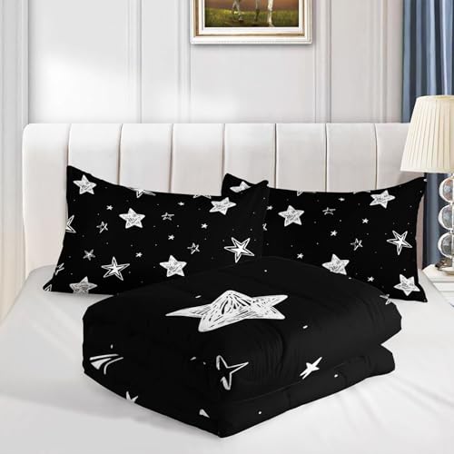 Image of Black and White Stars Comforter Set Starry Printed Bedding Set with 1 Comforter and 2 Pillowcases for Boys and Girls Bedroom All Season(Stars Full)