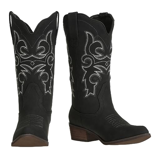 Image of J's.o.l.e Western Cowgirl Cowboy Boots for Women Mid Wide Calf Pointed Toe Riding Country Brown Black Boots