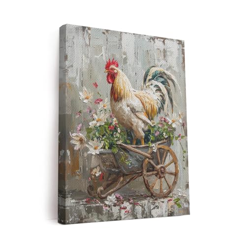 Elivita Rustic Rooster In Wheelbarrow Design 1 Vertical Canvas Wall