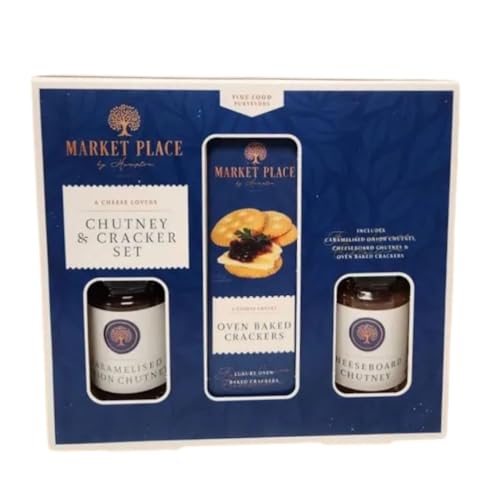 Amamitrade - Chutney & Crackers Gift Set – Caramelised Onion Chutney, Cheeseboard Chutney & Oven Baked Crackers – Gourmet Cheese Hamper Gift for Men & Women – for Christmas, Birthdays & Thank You Gifts