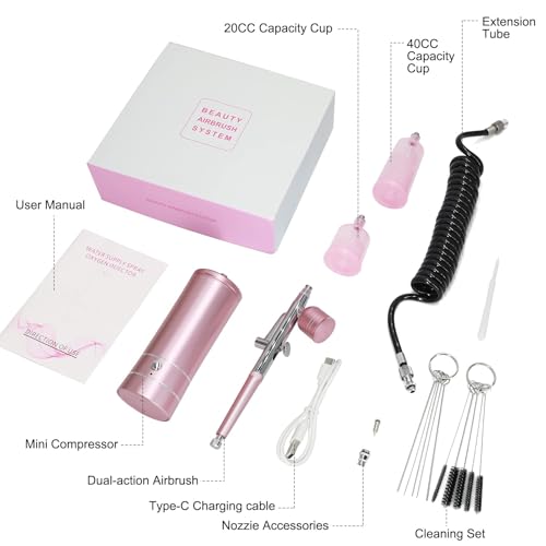 Airbrush Kit with Compressor, Auto Handheld Airbrush Gun with 0.3mm Tip, Rechargeable, Portable Air Brushes for Painting, Tattoo, Nail Art, Model Coloring, Makeup, Cake