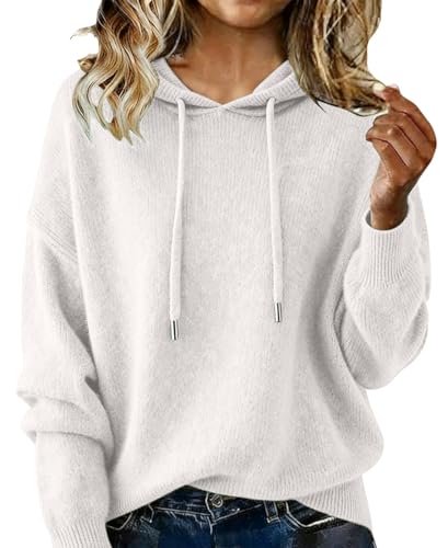 PANOZON Mujer Sudadera Jerséis de Cachemira con Cuello en V Clásicos Cálidos y Suaves Holgados Informales de Manga Larga para Invierno,Blanco M