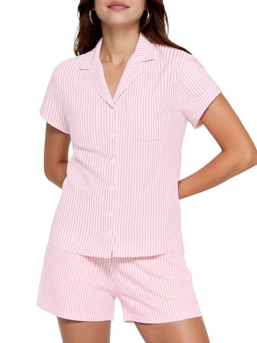 Image of Ammiko Womens Pajamas Set Y2k Loungewear Pajama Button Down Top and Shorts Monkey Beach Short Sleeve Preppy Sleepwear Pink Stripe XL