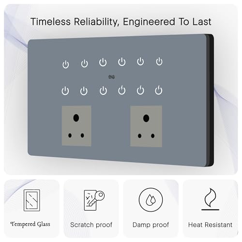 Image of IOTICS Smart Wifi Switch Board: 12 x Switch & 2 Smart Plug Module. Touch Control, Remote, App Control. Voice Control with Alexa & Assistant. Smart Touch Switch Board For Home Automation (Grey)