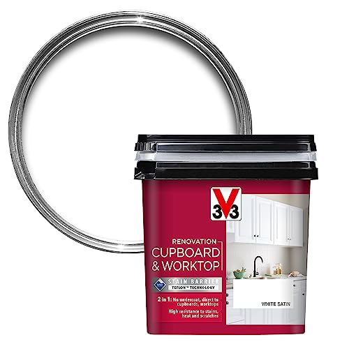 V33 Renovation Cupboard & Worktop Paint - No Undercoat Needed - High Resistance To Water Stains & Scratches - Ultra Washable - White 750ml