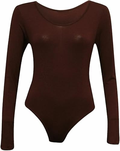 ANZEE Womens Leotard Ladies Round Neck Long Sleeve Plain Stretch Bodysuit For Girls Shapewear Thong Sculpting Body Shaper Jumpsuit Ballet Dance Gymnastics Long Sleeve Leotard (Brown, One Size)