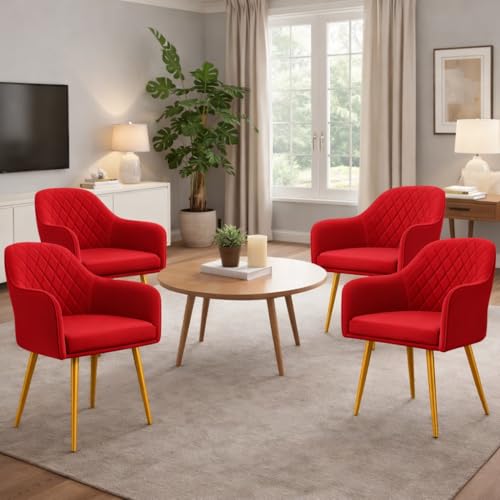Image of Barfi Velvet Dining Chair | Set of 2 Premium Accent Chair with Armrest, Padded Seat and Metal Legs | Comfy Chair for Home, Office & Restaurents | (Red Set of 4)