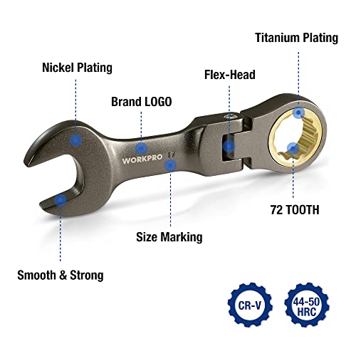 Workpro 8-Piece Flex-Head Stubby Ratcheting Combination Wrench Set, Metric 9-17 Mm, 72-Teeth, Crv, Nickel Plating With Rolling Pouch #TOP7