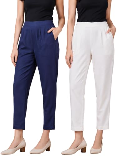 Image of Leriya Fashion Linen Loose Pants for Woman |Linen Trouser for Women | Ankle Length Straight Pant Women | Ladies Loose Pants Woman with Elastic Closure |High Waist Formal Office Trousers