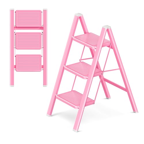GameGem 3 Step Ladder, Foldable Step Stool with Widened Pedal, Pink