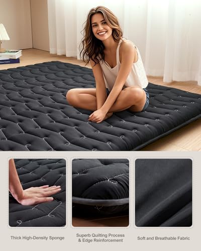 Vibe bear Premium Foam 3.2" Thick Japanese Futon Floor Mattress - Queen Size 60"x80" 100% High-Density Foam,Comfortable Sleeping Pad,Tatami Mat for Dorm,Bedroom,or Guest Room(Black)