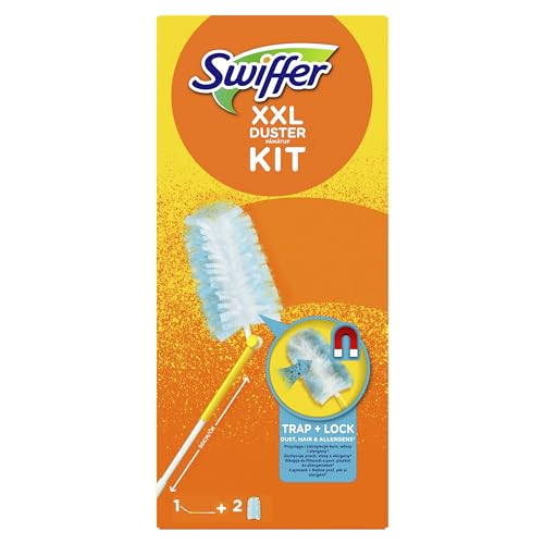 Swiffer XXL Attrape & Retient Kit De Dépoussiérage avec 1 Manche Télescopique Et 2 Recharges Plumeau Attrape-Poussière, Attrape Et Retient Jusqu’À 3...