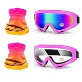 4-FQ Motorcycle Motocross Goggles 2 Pack With Neck Gaiter, ATV Dirt Bike Riding Bike Goggles MX UTV MTB Windproof Glasses UV400 Dustproof for Adult Youth Kids(Pink)