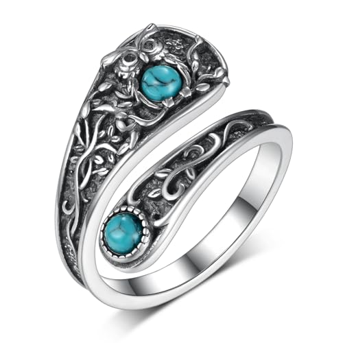 qielizhu Owl Ring 925 Sterling Silver Turquoise Owl Spoon Ring Adjustable Thumb Rings Vintage Owl Je