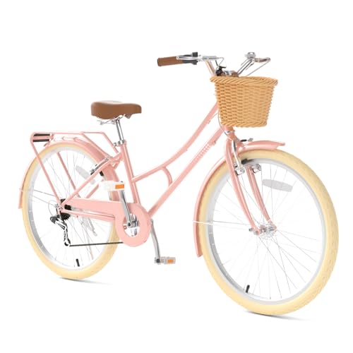 Image of XJD 20 24 26 Inch Girls Bike, 7-Speed Beach Cruiser Bike for Girls Youth and Over 6 Years Old, Kids Bicycles with Dual V-Brakes Rear Rack & Wicker Basket